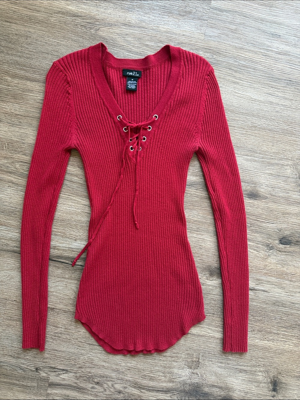 Rue21 Red Ribbed Lace-Up V-Neck Long Sleeve Top